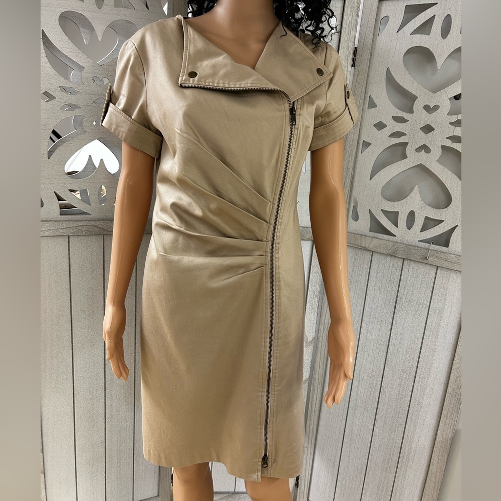 Chico’s Beige Zipper Front Dress Size 0 Small Cotton Spandex